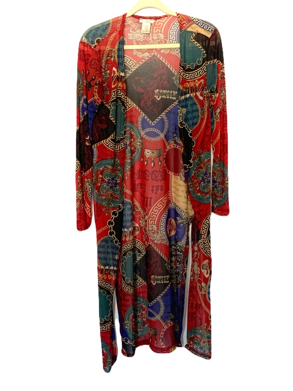 NYC Women’s Large Red Multi-Print Chain Crown Royal Sheer Long Cardigan Kimono